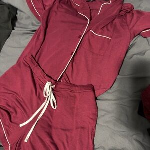 Women’s Burgundy Pajama Set with Contrast Piping
